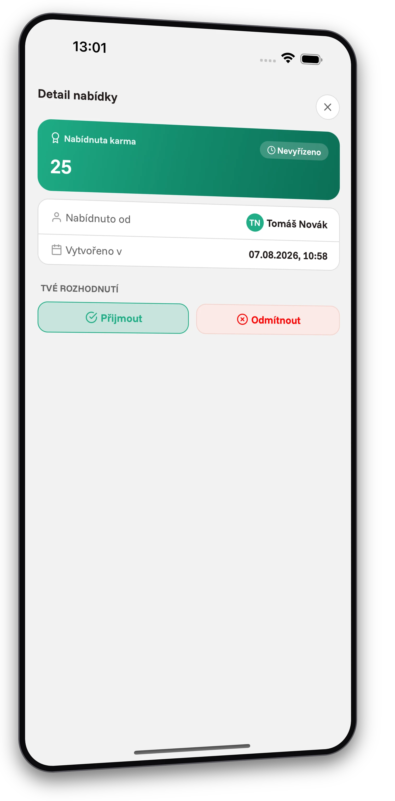 Screenshoty z aplikace Jobiro - Platba příznivcům skrze tzv. virtuální měnu - karmu. - Screenshot 2